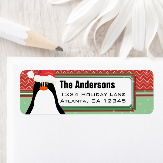 Christmas Penguin Chevron Pattern Return Address (Insitu)