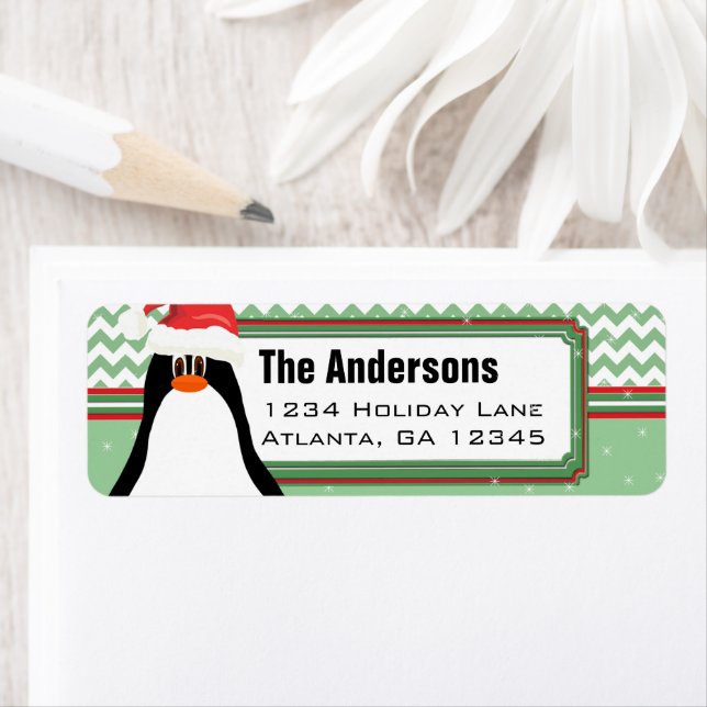 Christmas Penguin Chevron Pattern Return Address (Insitu)