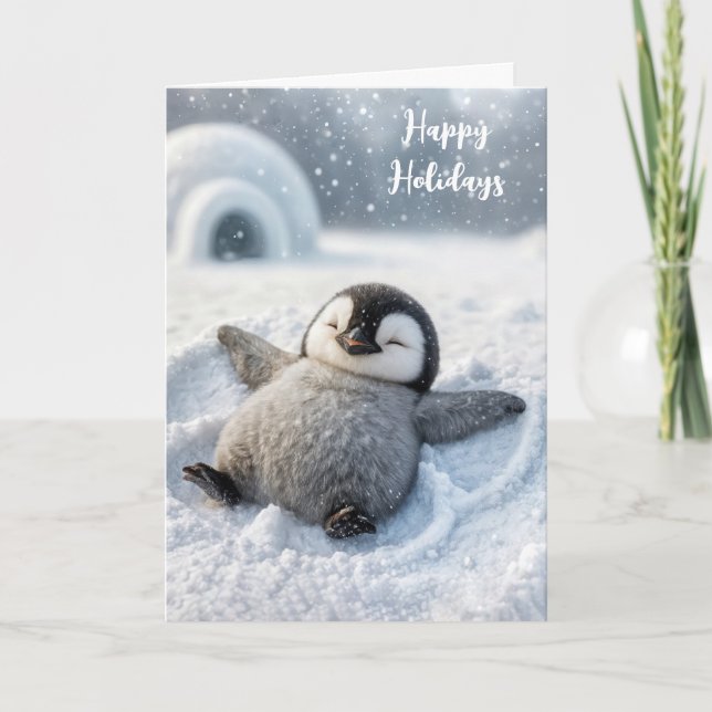 Christmas Penguin Chick Making a Snow Angel Card (Front)