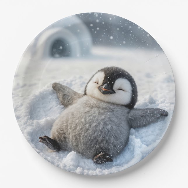 Christmas Penguin Chick Making a Snow Angel Paper Plate (Front)
