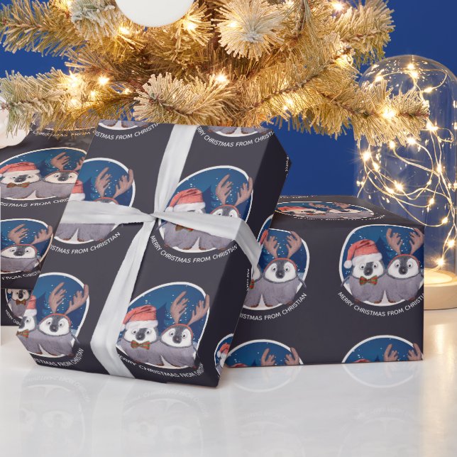 Christmas Penguin Couple Cute Santa and Reindeer Wrapping Paper (Holidays)