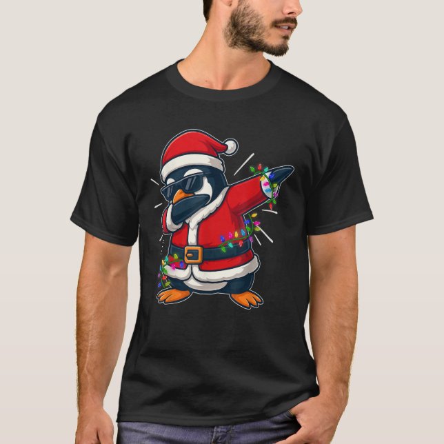 Christmas Penguin Dabbing Lights Santa Xmas for Me T-Shirt (Front)