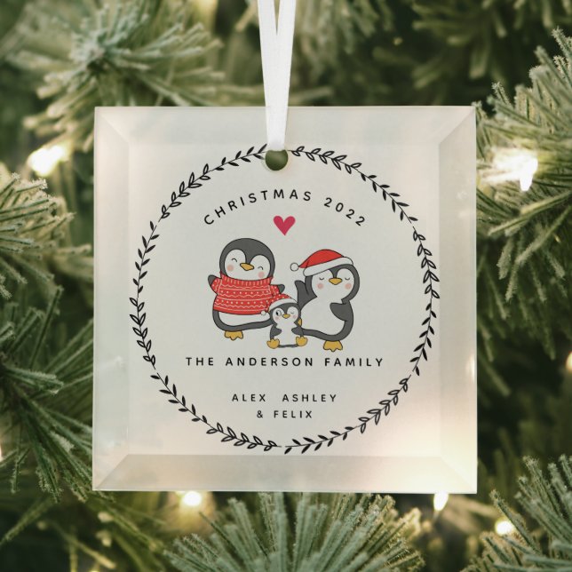 Christmas  Penguin Family Of Three Glass Tree Decoration (Insitu)