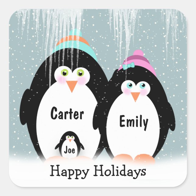 Christmas Penguin Family With Baby Square Sticker (Front)