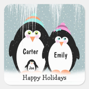 Christmas Penguin Family With Baby Square Sticker