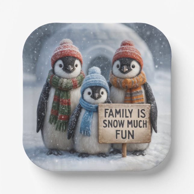 Christmas Penguin Family With Fun Sign Paper Plate (Front)
