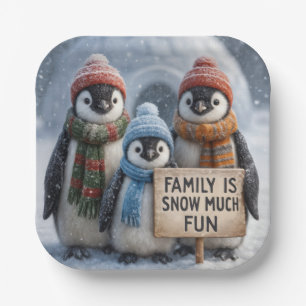 Christmas Penguin Family With Fun Sign Paper Plate