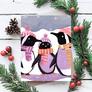 Christmas Penguin Friends   Winter Watercolor Postcard
