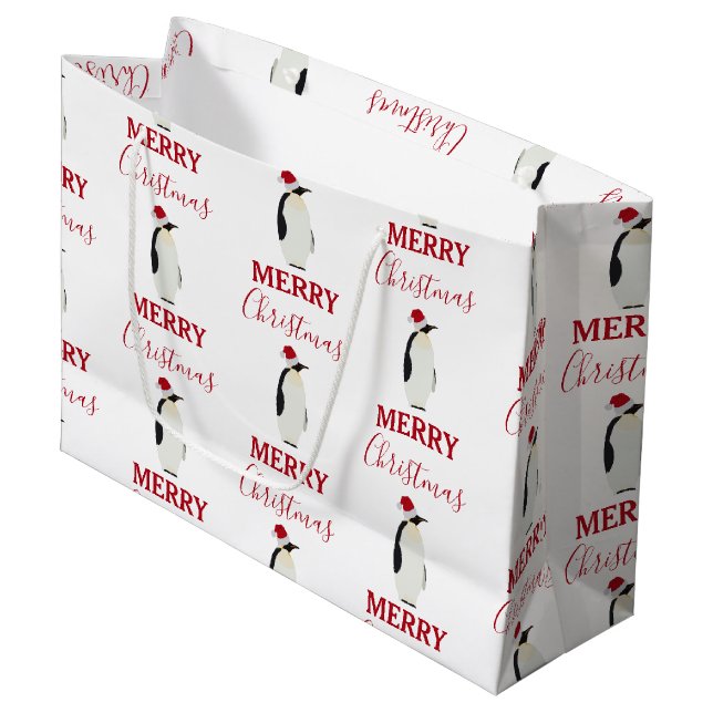 Christmas Penguin Funny Animal with Santa Hat  Large Gift Bag (Front Angled)
