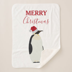 Christmas Penguin Funny Animal with Santa Hat Sherpa Blanket
