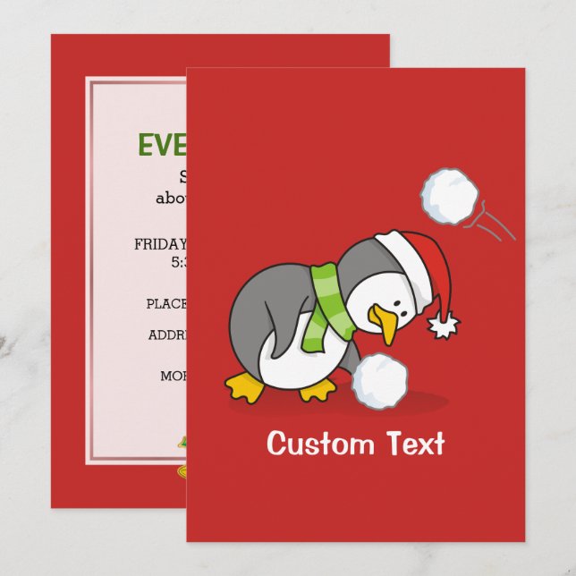 Christmas penguin getting a snow ball invitation (Front/Back)