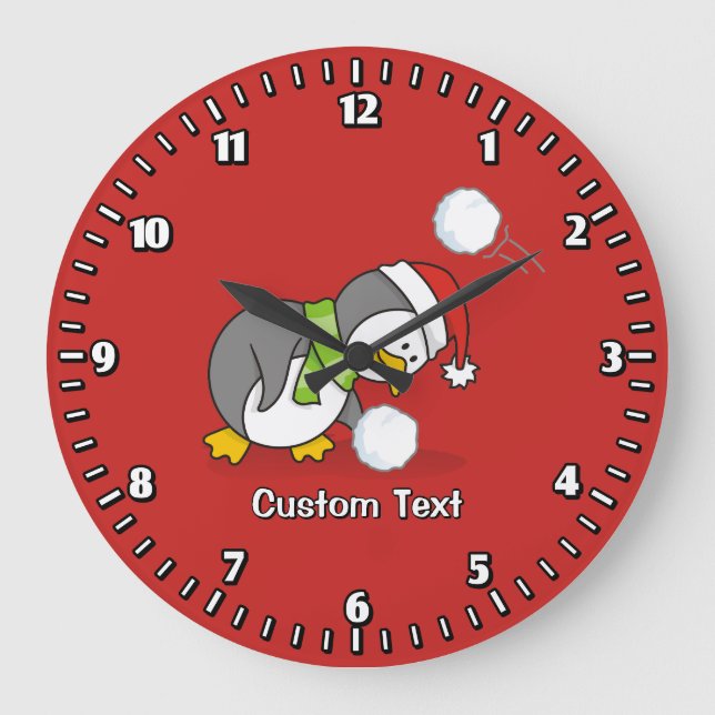 Christmas penguin getting a snow ball large clock (Front)