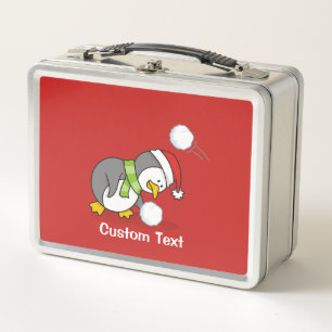 Christmas penguin getting a snow ball metal lunch box