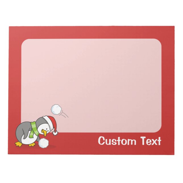 Christmas penguin getting a snow ball notepad (Front)