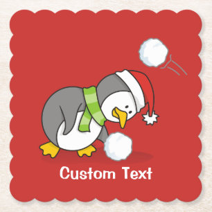 Christmas penguin getting a snow ball paper coaster