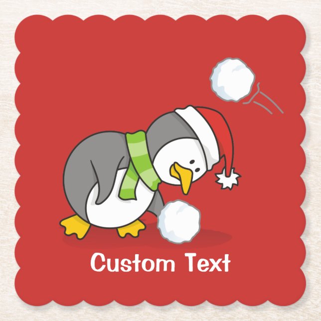 Christmas penguin getting a snow ball paper coaster (Front)