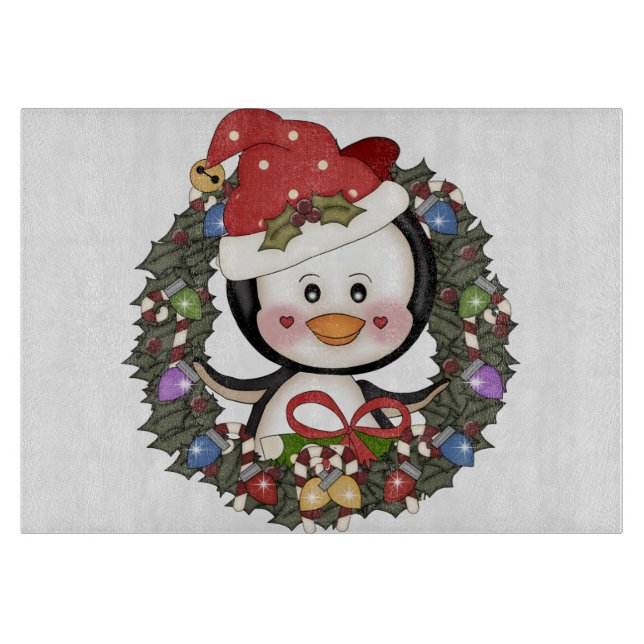 Christmas Penguin Holiday Wreath Cutting Board (Front)