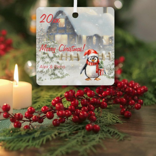  Christmas penguin house photo Square Ornament (Creator Uploaded)