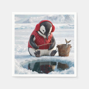 Christmas Penguin Ice Fishing on an Arctic Glacier Napkin