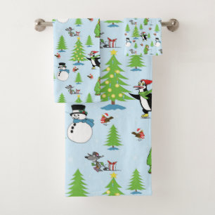 Christmas penguin ice skating and bear fisherman bath towel set