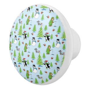 Christmas penguin ice skating and bear fisherman ceramic knob