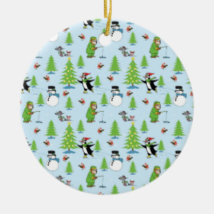Christmas penguin ice skating and bear fisherman ceramic tree decoration
