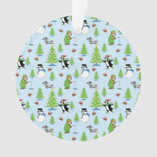 Christmas penguin ice skating and bear fisherman ornament