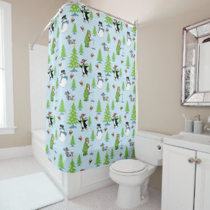 Christmas penguin ice skating and bear fisherman shower curtain