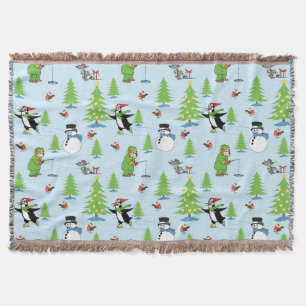Christmas penguin ice skating and bear fisherman throw blanket