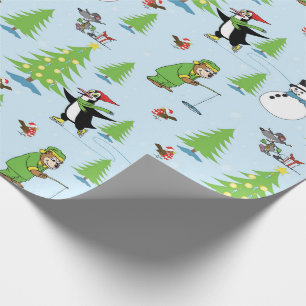 Christmas penguin ice skating and bear fisherman wrapping paper