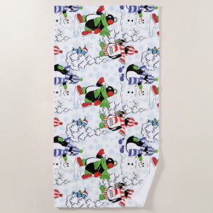 Christmas penguin ice skating beach towel