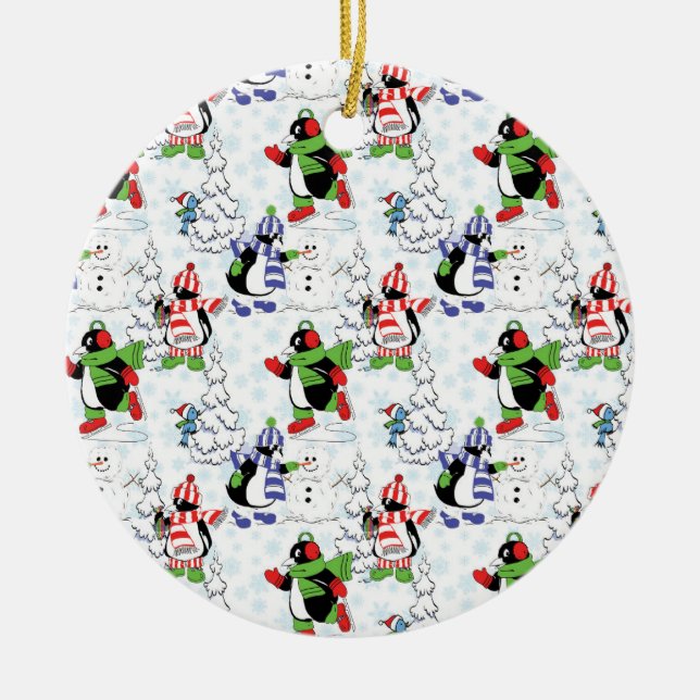 Christmas penguin ice skating ceramic tree decoration (Front)