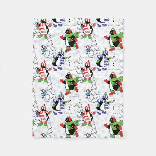 Christmas penguin ice skating fleece blanket (Front)