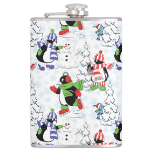 Christmas penguin ice skating hip flask