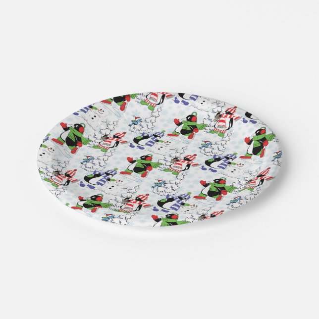 Christmas penguin ice skating paper plate (Angled)