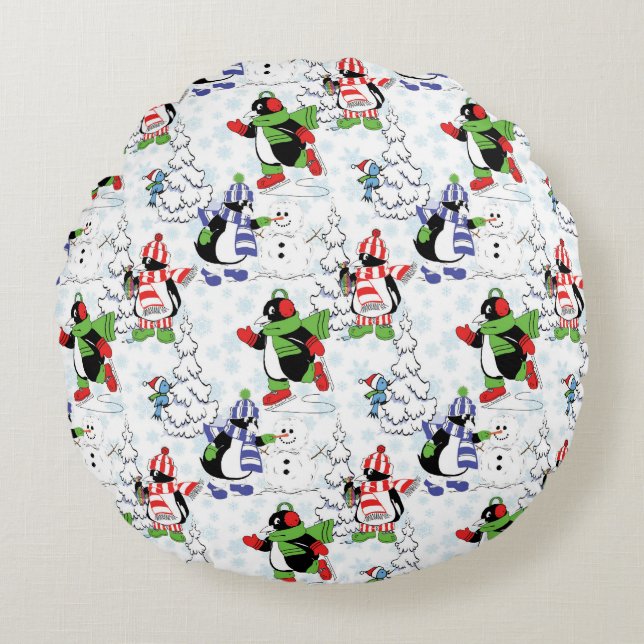 Christmas penguin ice skating round cushion (Front)