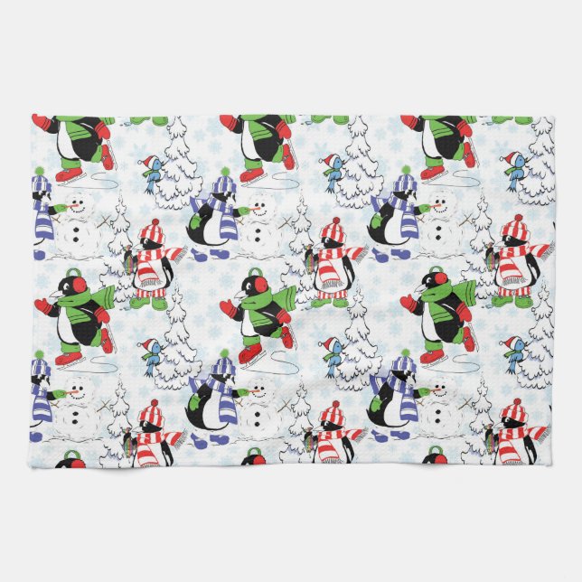 Christmas penguin ice skating tea towel (Horizontal)