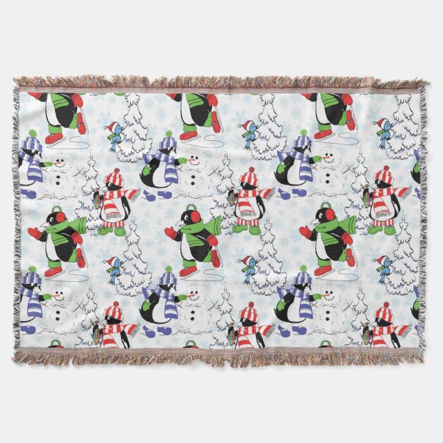 Christmas penguin ice skating throw blanket (Front)