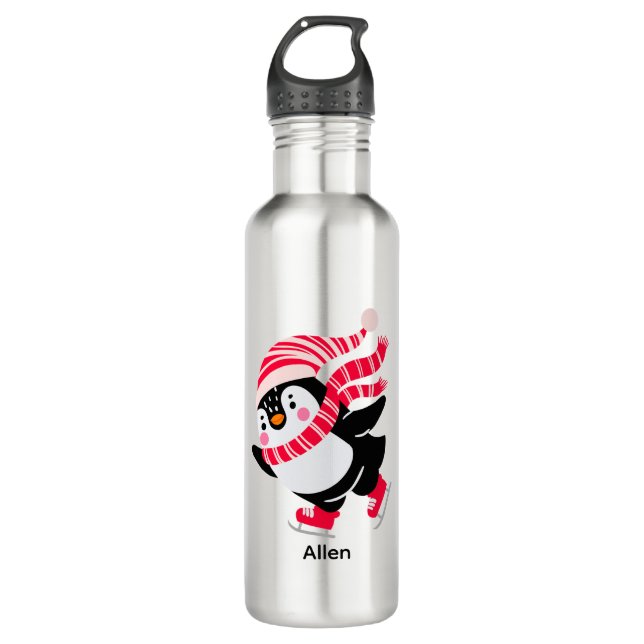 Christmas Penguin in a Hat and Scarf on Skates 710 Ml Water Bottle (Front)