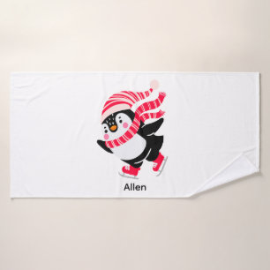 Christmas Penguin in a Hat and Scarf on Skates Bath Towel