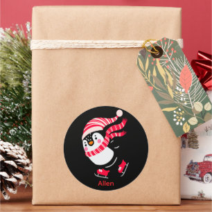 Christmas Penguin in a Hat and Scarf on Skates Classic Round Sticker