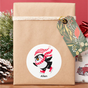 Christmas Penguin in a Hat and Scarf on Skates Classic Round Sticker
