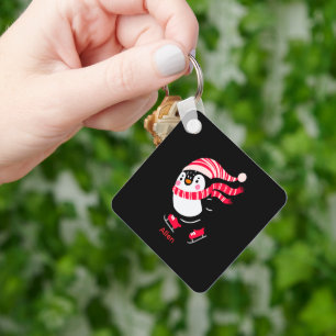 Christmas Penguin in a Hat and Scarf on Skates Key Ring