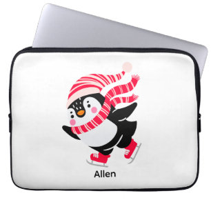 Christmas Penguin in a Hat and Scarf on Skates Laptop Sleeve