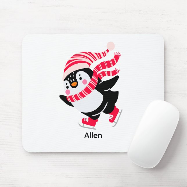 Christmas Penguin in a Hat and Scarf on Skates Mouse Mat (With Mouse)