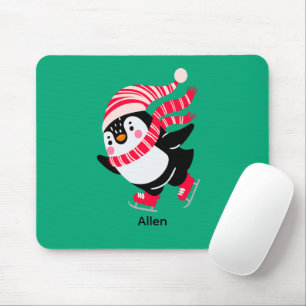 Christmas Penguin in a Hat and Scarf on Skates Mouse Mat