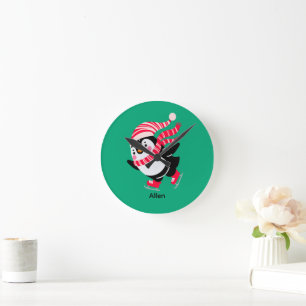Christmas Penguin in a Hat and Scarf on Skates Round Clock