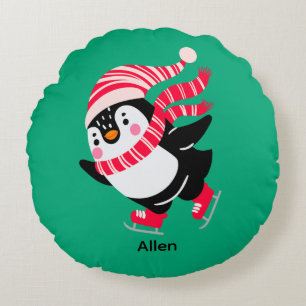 Christmas Penguin in a Hat and Scarf on Skates Round Cushion