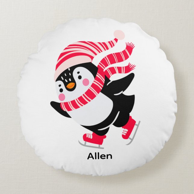Christmas Penguin in a Hat and Scarf on Skates Round Cushion (Front)
