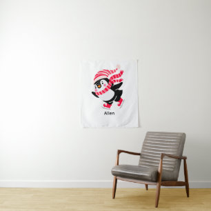 Christmas Penguin in a Hat and Scarf on Skates Tapestry